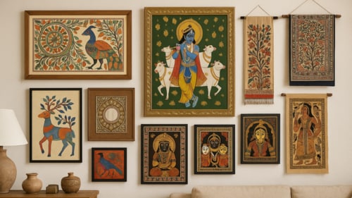 Celebrate the richness of Indian art forms, such as Madhubani, Warli, Pichwai, Kalamkari, Gond, Tanjore, Pattachitra, Bagh, Jadopatia, and Lippan art, showcasing how each can bring life to any room. (AI generated) Celebrate the richness of Indian art forms, such as Madhubani, Warli, Pichwai, Kalamkari, Gond, Tanjore, Pattachitra, Bagh, Jadopatia, and Lippan art, showcasing how each can bring life to any room. (AI generated)