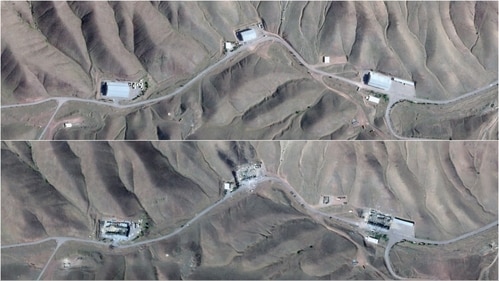Before (top) and after (bottom) of Tabriz north missile base checkout buildings in Tabriz after Israeli strikes (Planet Labs ) Before (top) and after (bottom) of Tabriz north missile base checkout buildings in Tabriz after Israeli strikes (Planet Labs )