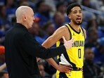 Tyrese Haliburton #0 of the Indiana Pacers reacts during the first quarter against the Oklahoma City Thunder in Game Five of the 2025 NBA Finals Tyrese Haliburton #0 of the Indiana Pacers reacts during the first quarter against the Oklahoma City Thunder in Game Five of the 2025 NBA Finals