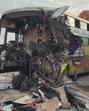 Damaged private sleeper coach on the Agra-Lucknow Expressway on Wednesday morning after ramming into a stationary truck, leaving two dead. (HT Photo) Damaged private sleeper coach on the Agra-Lucknow Expressway on Wednesday morning after ramming into a stationary truck, leaving two dead. (HT Photo)