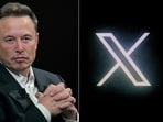 This combination of pictures created on October 10, 2023, shows (L) Tesla CEO Elon Musk in Paris and (R) the new Twitter logo rebranded as X, pictured on a screen in Paris on July 24, 2023. This combination of pictures created on October 10, 2023, shows (L) Tesla CEO Elon Musk in Paris and (R) the new Twitter logo rebranded as X, pictured on a screen in Paris on July 24, 2023.