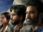Rashmika Mandanna, Nagarjuna and Dhanush in a still from Kuberaa.