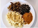 Raj shared a glimpse at the meal that included protein, vegetables and starch, and comprised of ivy gourd poriyal, spinach poriyal, tamarind coconut kozhambu/curry, dal rice with ghee and a chocolate protein shake. (Instagram/ Raj Ganpath) Raj shared a glimpse at the meal that included protein, vegetables and starch, and comprised of ivy gourd poriyal, spinach poriyal, tamarind coconut kozhambu/curry, dal rice with ghee and a chocolate protein shake. (Instagram/ Raj Ganpath)