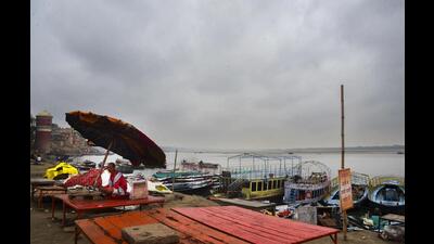 A near deserted ghat after rains, in Varanasi, Wednesday. (PTI) A near deserted ghat after rains, in Varanasi, Wednesday. (PTI)