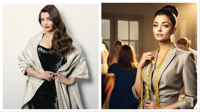 The AI-reimagined pic shows Aishwarya Rai as a designer surrounded by sketches, fabrics, and threads. (@ai.meme.nation) The AI-reimagined pic shows Aishwarya Rai as a designer surrounded by sketches, fabrics, and threads. (@ai.meme.nation)