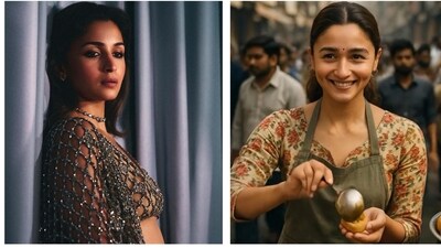 Alia Bhatt is seen grinning from ear to ear, expertly serving golgappas at her bustling street food stall. Alia Bhatt is seen grinning from ear to ear, expertly serving golgappas at her bustling street food stall.