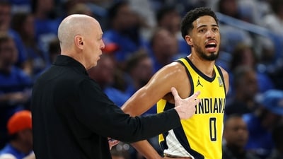 Tyrese Haliburton #0 of the Indiana Pacers reacts during the first quarter against the Oklahoma City Thunder in Game Five of the 2025 NBA Finals (Getty Images via AFP) Tyrese Haliburton #0 of the Indiana Pacers reacts during the first quarter against the Oklahoma City Thunder in Game Five of the 2025 NBA Finals (Getty Images via AFP)