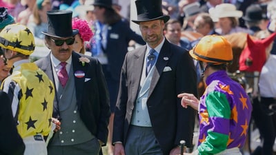 Prince William, centre, looks at jockeys who will ride in the first race as he stands in the Parade Ring on the second day of the Royal Ascot horse race meeting at Ascot, England, Wednesday June 18, 2025. (AP) Prince William, centre, looks at jockeys who will ride in the first race as he stands in the Parade Ring on the second day of the Royal Ascot horse race meeting at Ascot, England, Wednesday June 18, 2025. (AP)