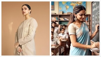 Deepika Padukone is seen as a teacher, standing confidently in a classroom, surrounded by students, with a blackboard filled with notes. (@ai.meme.nation) Deepika Padukone is seen as a teacher, standing confidently in a classroom, surrounded by students, with a blackboard filled with notes. (@ai.meme.nation)