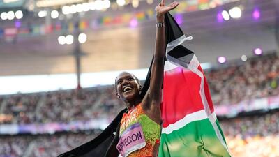 Faith Kipyegon celebrates after winning the gold medal in the women's 1500 meters final at the 2024 Paris Olympics. (AP)