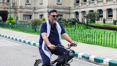 Karnataka deputy CM DK Shivakumar cycling through Vidhana Soudha. Karnataka deputy CM DK Shivakumar cycling through Vidhana Soudha.