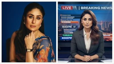 The AI-reimagined pic shows Kareena Kapoor confidently anchoring a news show. (@ai.meme.nation) The AI-reimagined pic shows Kareena Kapoor confidently anchoring a news show. (@ai.meme.nation)