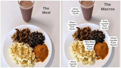 Raj shared a glimpse at the meal that included protein, vegetables and starch, and comprised of ivy gourd poriyal, spinach poriyal, tamarind coconut kozhambu/curry, dal rice with ghee and a chocolate protein shake. (Instagram/ Raj Ganpath) Raj shared a glimpse at the meal that included protein, vegetables and starch, and comprised of ivy gourd poriyal, spinach poriyal, tamarind coconut kozhambu/curry, dal rice with ghee and a chocolate protein shake. (Instagram/ Raj Ganpath)