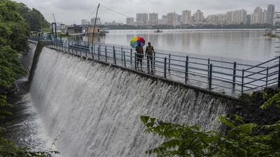 Mumbai, India - June 18, 2025: Mumbai's Powai Lake, an artificial reservoir managed by the Brihanmumbai Municipal Corporation (BMC), began overflowing on Wednesday morning following continuous heavy rainfall in its catchment area over the last two days in Mumbai, India, on Wednesday, June 18, 2025. (Photo by Satish Bate/ Hindustan Times) (Hindustan Times)