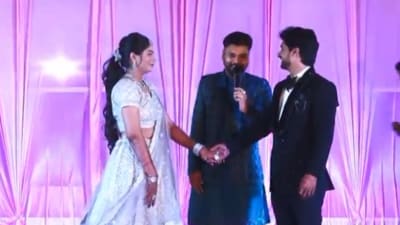 A video from Raja and Sonam Raghuvanshi's wedding reception shows the newlyweds joking with the wedding anchor. A video from Raja and Sonam Raghuvanshi's wedding reception shows the newlyweds joking with the wedding anchor.