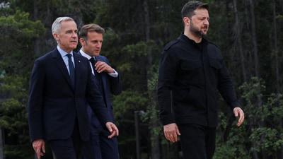 Zelenskiy urged the G7 leaders to continue calling on Trump "to use his real influence" to force an end to the war. (REUTERS)