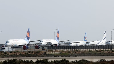 Aircraft belonging to Israel's state carrier El Al and Israir among other airlines, are parked at Larnaca International Airport, in Larnaca, Cyprus June 16, 2025. (Reuters)