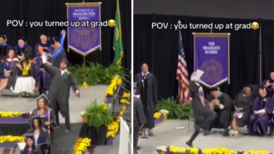 In a video posted on Instagram, Singh is seen stepping onto the graduation stage in traditional black robes, immediately breaking into bhangra. (Instagram/brownboyjeet) In a video posted on Instagram, Singh is seen stepping onto the graduation stage in traditional black robes, immediately breaking into bhangra. (Instagram/brownboyjeet)