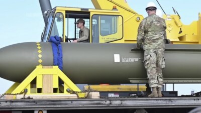 The latest GBU-57 A/B Massive Ordinance Penetrator bomb can penetrate about 200 feet (61 metres) below the surface before exploding. (Screengrab/YouTube/AP) The latest GBU-57 A/B Massive Ordinance Penetrator bomb can penetrate about 200 feet (61 metres) below the surface before exploding. (Screengrab/YouTube/AP)