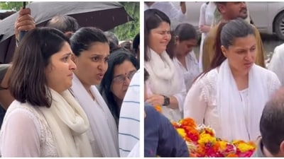 Mannara Chopra broke down in tears as she bid farewell to her father Raman Rai Handa. Mannara Chopra broke down in tears as she bid farewell to her father Raman Rai Handa.