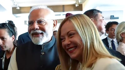 Prime Minister Narendra Modi meets Italian Prime Minister Giorgia Meloni on the sidelines of the 51st G7 Summit (DD/ANI Grab) Prime Minister Narendra Modi meets Italian Prime Minister Giorgia Meloni on the sidelines of the 51st G7 Summit (DD/ANI Grab)