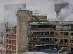 Smokes rises from a building of the Soroka hospital complex after it was hit by a missile fired from Iran in Beersheba, Israel, Thursday, June 19, 2025. 