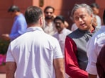 Congress MPs Rahul Gandhi and Shashi Tharoor during the Budget session of Parliament in New Delhi.