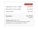 The original price for one night was listed at <span class='webrupee'>₹</span>578.24, but after a 75% discount, the cost dropped to <span class='webrupee'>₹</span>159.
