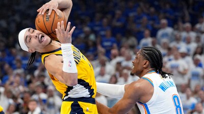 Indiana Pacers guard Andrew Nembhard (2) in action against Oklahoma City Thunder forward Jalen Williams (8) during the second quarter of game five of the 2025 NBA Finals at Paycom Center. (IMAGN IMAGES via Reuters Connect)
