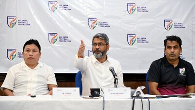 All India Football Federation president Kalyan Chaubey (centre) flanked by the federation's treasurer Kipa Ajay (left) and technical director Syed Sabir Pasha at last Friday's media conference in New Delhi. (PTI) All India Football Federation president Kalyan Chaubey (centre) flanked by the federation's treasurer Kipa Ajay (left) and technical director Syed Sabir Pasha at last Friday's media conference in New Delhi. (PTI)