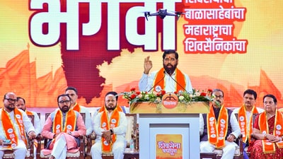 Mumbai: Shiv Sena (Shinde) leader and Maharashtra Deputy Chief Minister Eknath Shinde speaks at an event marking the 59th Foundation Day of Shiv Sena, at Worli, in Mumbai, Thursday, June 19, 2025. (PTI)