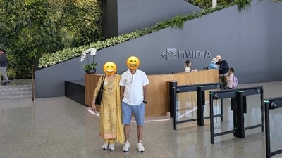 Indian parents visit their son's Nvidia office in California, US. (X/@BhosalePratim) Indian parents visit their son's Nvidia office in California, US. (X/@BhosalePratim)