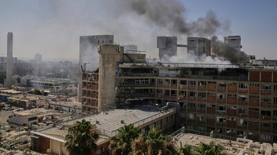 Smokes raises from a building of the Soroka hospital complex after it was hit by a missile fired from Iran in Beersheba, Israel, Thursday, June 19, 2025. (AP) Smokes raises from a building of the Soroka hospital complex after it was hit by a missile fired from Iran in Beersheba, Israel, Thursday, June 19, 2025. (AP)