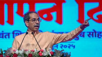 Mumbai, India. June 19, 2025: Uddhav Thackeray, the chief of the Shiv Sena (UBT) party, addressed party workers during the Shiv Sena Foundation Day celebration at Shanmukhanand Hall in Sion, Mumbai. Mumbai, India. June 19, 2025. (Photo by Raju Shinde/HT Photo) (Hindustan Times) Mumbai, India. June 19, 2025: Uddhav Thackeray, the chief of the Shiv Sena (UBT) party, addressed party workers during the Shiv Sena Foundation Day celebration at Shanmukhanand Hall in Sion, Mumbai. Mumbai, India. June 19, 2025. (Photo by Raju Shinde/HT Photo) (Hindustan Times)