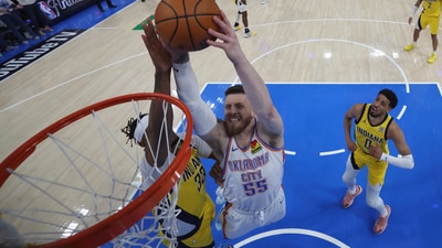 Oklahoma City Thunder center Isaiah Hartenstein (55) dunks over Indiana Pacers center Myles Turner (33) during the second half of Game 5 of the NBA Finals basketball series, Monday, June 16, 2025, in Indianapolis. (Matthew Stockman/Pool Photo via AP) (AP) Oklahoma City Thunder center Isaiah Hartenstein (55) dunks over Indiana Pacers center Myles Turner (33) during the second half of Game 5 of the NBA Finals basketball series, Monday, June 16, 2025, in Indianapolis. (Matthew Stockman/Pool Photo via AP) (AP)