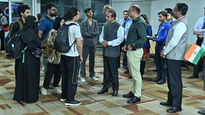Minister of State for External Affairs Kirti Vardhan Singh meets the Indian students returning from war-torn Iran via Armenia. (@KVSinghMPGonda) Minister of State for External Affairs Kirti Vardhan Singh meets the Indian students returning from war-torn Iran via Armenia. (@KVSinghMPGonda)