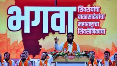 The Eknath Shinde-led Shiv Sena celebrated the occasion at the NSCI Dome in Worli. (Bhushan Koyande/HT Photo) The Eknath Shinde-led Shiv Sena celebrated the occasion at the NSCI Dome in Worli. (Bhushan Koyande/HT Photo)