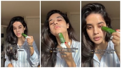 Amal K shared a video of her frozen cucumber skincare routine. (Instagram/ Amal K) Amal K shared a video of her frozen cucumber skincare routine. (Instagram/ Amal K)