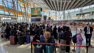 Indian students reach an airport to board a flight from Armenia to New Delhi, under Operation Sindhu facilitated by Indian government in view of the Israel-Iran conflict, on Wednesday. (Randhir Jaiswal - X)