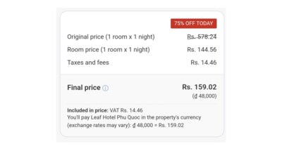 The original price for one night was listed at ₹578.24, but after a 75% discount, the cost dropped to ₹159. (X/@harsh_vardhhan) The original price for one night was listed at ₹578.24, but after a 75% discount, the cost dropped to ₹159. (X/@harsh_vardhhan)