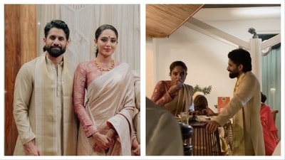 Naga Chaitanya looks smitten by wife Sobhita Dhulipala even as she gorges on Akhil Akkineni's wedding feast. Naga Chaitanya looks smitten by wife Sobhita Dhulipala even as she gorges on Akhil Akkineni's wedding feast.