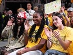 (L to R) Natasha Howard, Aliyah Boston, and Caitlin Clark of the Indiana Fever look on during the second quarter in Game Three of the 2025 NBA Finals between the Indiana Pacers and the Oklahoma City Thunder at Gainbridge Fieldhouse on June 11, 2025 in Indianapolis, Indiana.