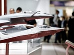 Models of military jets, including the J-35A stealth fighter, are displayed at the Avic Chengdu Aircraft pavilion, during the 55th International Paris Airshow at Le Bourget Airport near Paris, France, June 18, 2025.