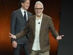 File photo of Peter Safran, Co-Chairman & CEO, DC Studios and James Gunn, Co-Chairman & CEO, DC Studios promoting Superman at CinemaCon.