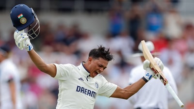 Yashasvi Jaiswal wheels off in celebration after reaching his century. This was the fifth of Jaiswal's young Test career, and his first in England, in his first match in the country. (@BCCI X) Yashasvi Jaiswal wheels off in celebration after reaching his century. This was the fifth of Jaiswal's young Test career, and his first in England, in his first match in the country. (@BCCI X)