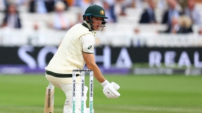 Australia's Marnus Labuschagne reacts after being cought by South Africa's Kyle Verreynne of the bowling of Marco Jansen (Action Images via Reuters)