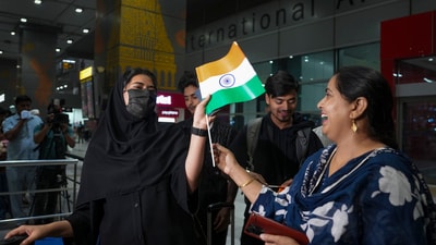 Indian students returning from Iran via Armenia, under an evacuation operation facilitated by the government of India, react as they exit from the Indira Gandhi International Airport in New Delhi, Thursday, June 19, 2025. (PTI) Indian students returning from Iran via Armenia, under an evacuation operation facilitated by the government of India, react as they exit from the Indira Gandhi International Airport in New Delhi, Thursday, June 19, 2025. (PTI)