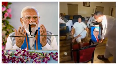 (Left to right) Prime Minister Narendra Modi at a rally in Siwan and a screenshot of the purported video showing a portrait of BR Ambedkar during Lalu Prasad Yadav's birthday celebration. (PTI and X/Pratyush Kanth) (Left to right) Prime Minister Narendra Modi at a rally in Siwan and a screenshot of the purported video showing a portrait of BR Ambedkar during Lalu Prasad Yadav's birthday celebration. (PTI and X/Pratyush Kanth)