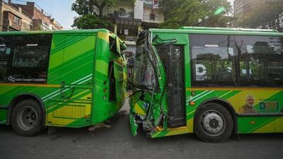 The damaged DTC buses parked outside Ranjit Nagar Police Station on Friday. (Sanchit Khanna/HT photo) The damaged DTC buses parked outside Ranjit Nagar Police Station on Friday. (Sanchit Khanna/HT photo)