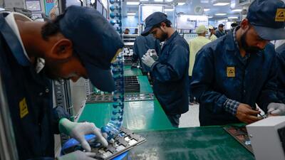 Workers assemble electronic parts at a Dixon Technologies facility in Noida in May 2025. (REUTERS) Workers assemble electronic parts at a Dixon Technologies facility in Noida in May 2025. (REUTERS)